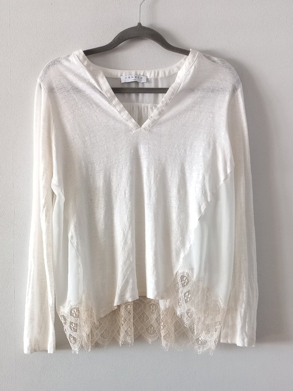 SANDRO long sleeve linen and lace inserts top